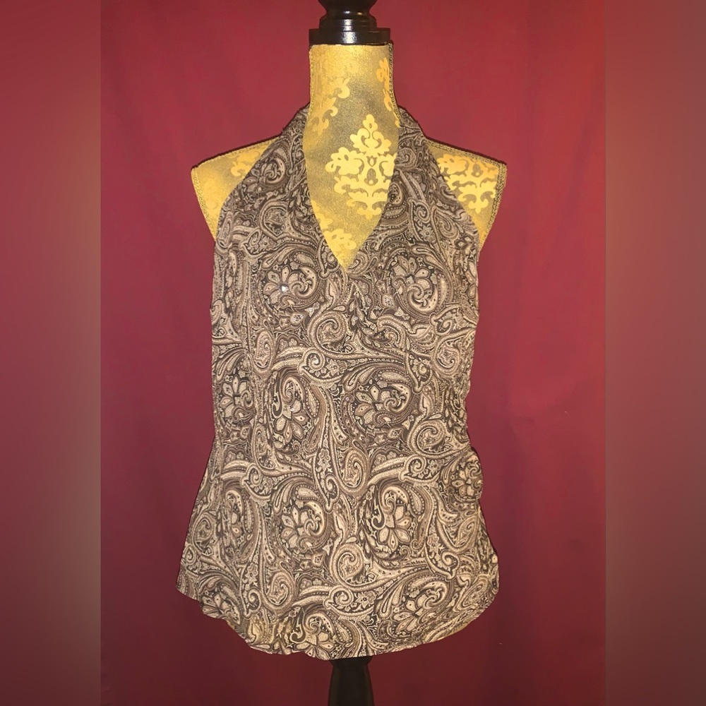 Ann Taylor - 14P, Silk, Brown, Paisley, Sequined, Halter Blouse